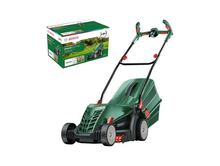 Bosch kabelgebundener Rasenmäher UniversalRotak 34-405 1300-W-Motor, Schnittbreite: 34 cm, 40-Liter-Grasfangkorb, geeignet für ebenes Rasenmähen und Schneiden kleinster Kanten