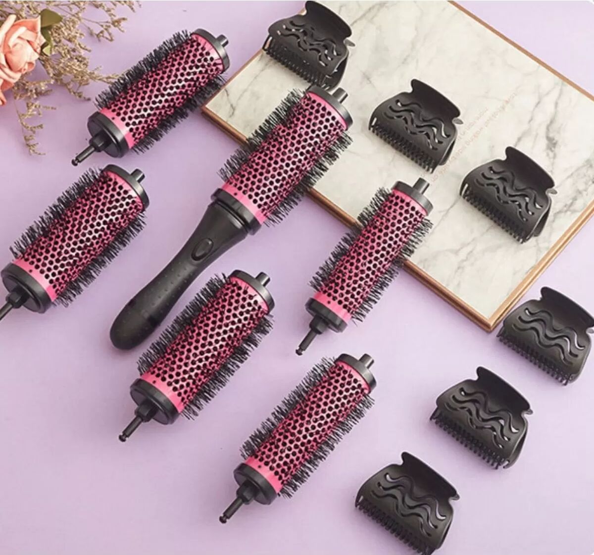 INF Rosarotes Aluminium-Kupfer-Sechsteiliges Haarbürsten-Set für Volumen und Styling