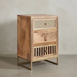 KADIMA DESIGN Industrial Nachttisch, Mango Massivholz/Rattan, 3 Schubladen, Boxspringbett-kompatibel