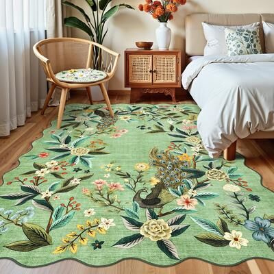 Garvee Scalloped Peacock Floral Area Rug