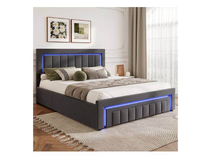 STILVORA Polsterbett 140×200 mit bettkasten,Funktionbett Boxspringbett mit LED & Schubladen (verstärkter Metallrahmen, stabiler Lattenrost, Gepolstertes Kopfteil, Bettkasten mit Hydraulik, Bettgestell mit Gepolstertes Kopfteil), mit einem Hebeseil, Samt-Stoff, Grau
