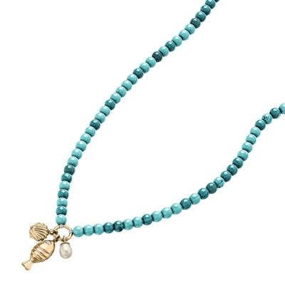 Kette mit Anhänger FOSSIL "Schmuck Geschenk Metall Halskette Fisch Muschel Sutton", blau (gelbgoldfarben, kristallweiß, weiß, türkis), Halsketten, Damen, Metall Nylon Perlen, L: 45,5 B: 3mm, Metall, Nylon, Perlen, mit Glasstein - mit...