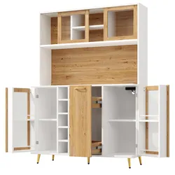 OKWISH Buffetschrank MDF Weiß mit Holzdekor 120x40x170 cm, mit LED-Beleuchtung, Weinregal, Schublade, Steckdose und Anti-Kipp-System