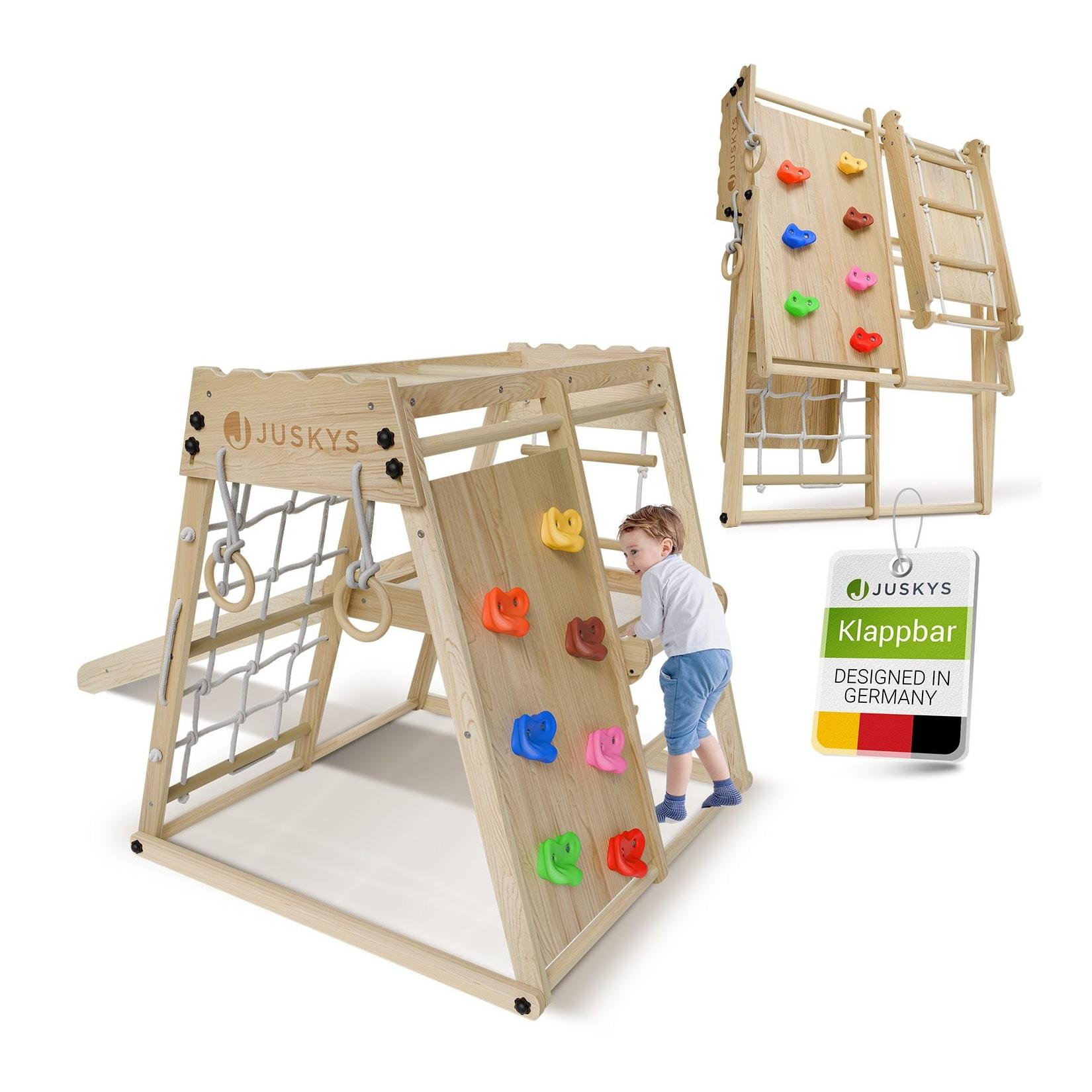 JUSKYS® Mini Klettergerüst für Kinder - Indoor Spielplatz mit Rutsche, Kletterwand & Turnringe Natur