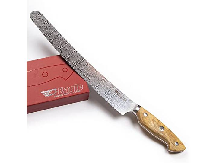 Eagle U-Grip - Brotmesser 26 cm - Voll-Damaststahl 108 Lagen/Heftschalen: Olivenholz aus Süditalien