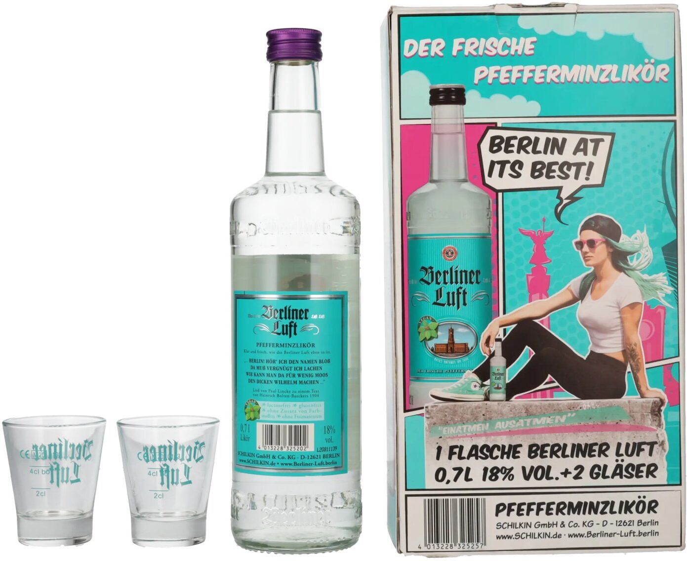Berliner Luft DER FRISCHE Pfefferminzlikör 18% Vol. 0,7l in Geschenkbox mit 2 Gläsern