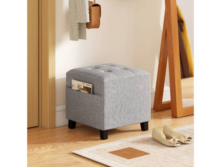 HOMCOM Pouf Carré Tissu Lin Poche Bois Gris Clair