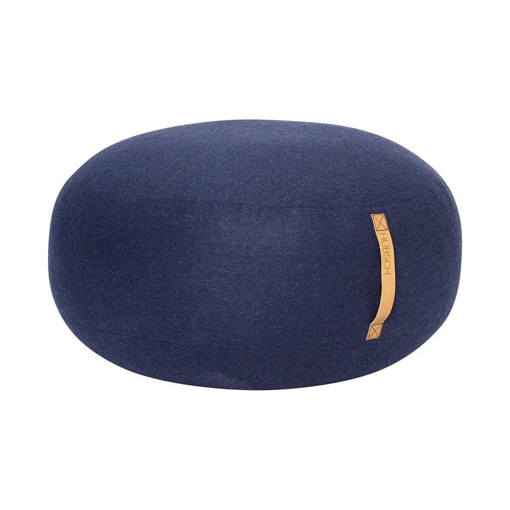 Hubsch Poef blauw van wol met leren handgreep