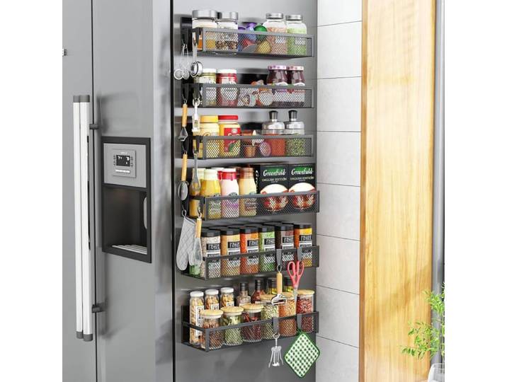 Porte-épices magnétique x6 - Étagère frigo avec 12 crochets amovibles Capacité 11 lbs