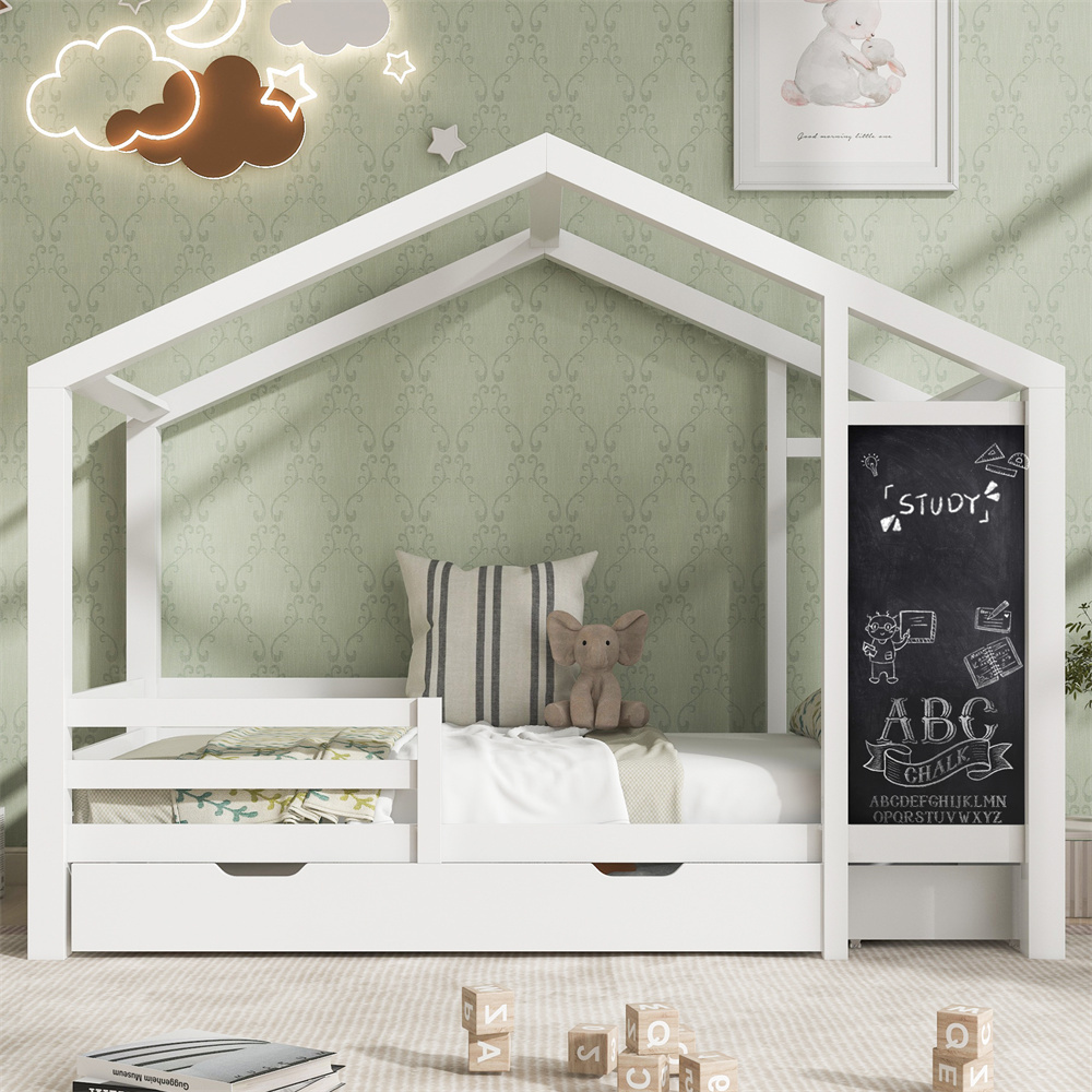 Kinderbett Kinderbett Hausbett 90 x 200 cm, Holzbett mit Tafel und 2 Schubladen, Massivholz mit Zaun und Lattenrost, Weiß