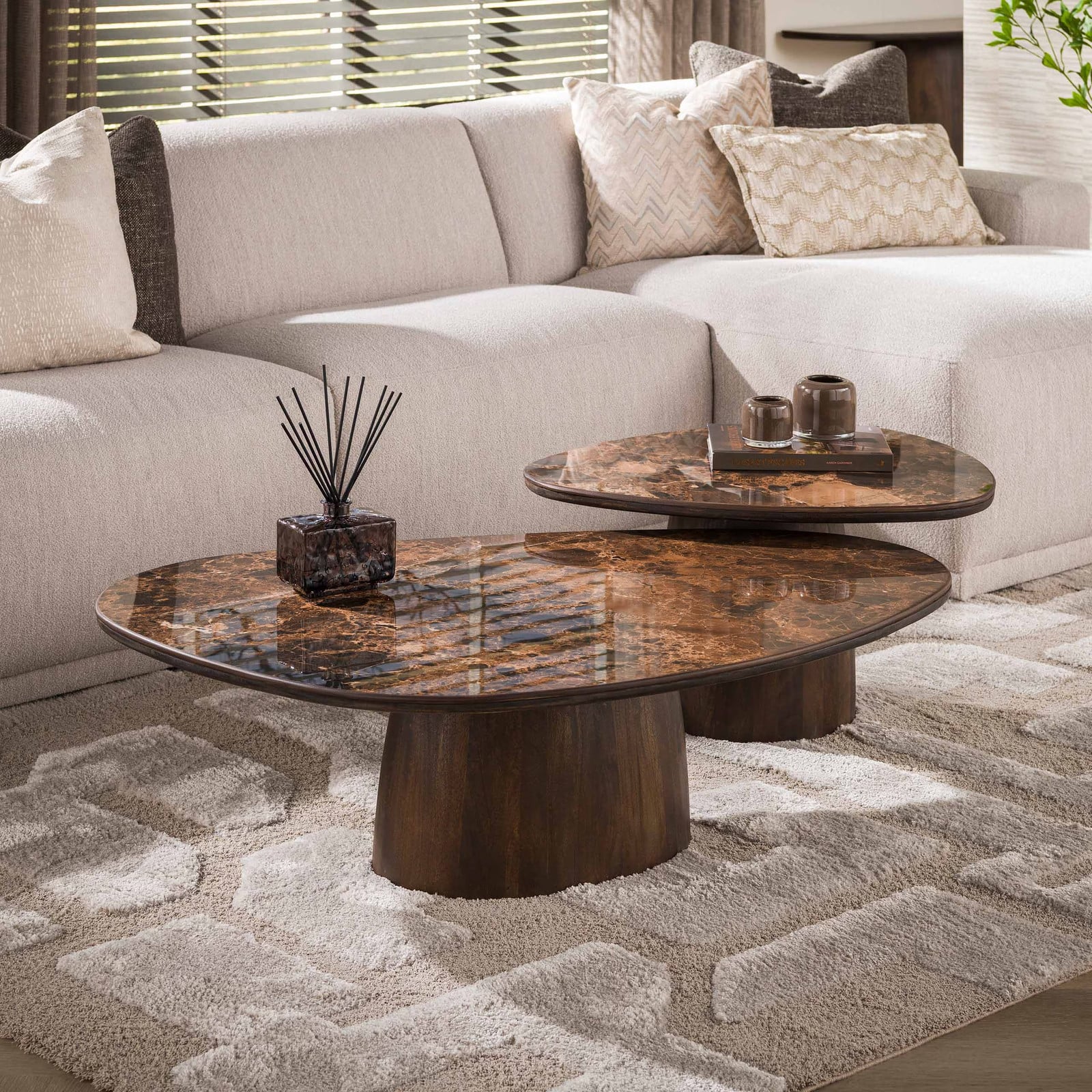 LifestyleFurn Elodie Organische Salontafel Set van 2 - Mangohout en Marmerlook - Bruin