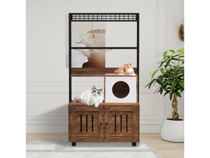 Arbre à chat 2 en 1 de 60 pouces et bac à litière, maison en bois avec hamac, poste à gratter, armoire à litière cachée