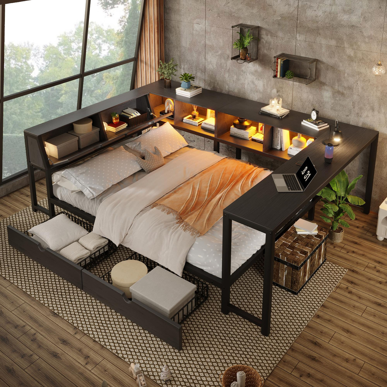 OKWISH Multifunctioneel eenpersoonsbed met bureau, opbergruimte en LED-verlichting, zwart, B/D: 140 x 200 cm