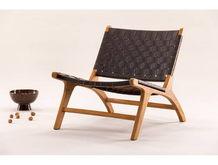 Designer Lounge Sessel Tevari – Geflecht aus Teak & Lederoptik Braun - Braun - Teak - Luxusbetten24