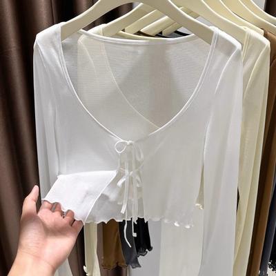 Silver Stone Store Ice Silk Summer Women Sun Protection Cardigan, Thin Long Sleeve Cover up, Solid Color Lace Up Sunscreen Outerwear Shirt white m