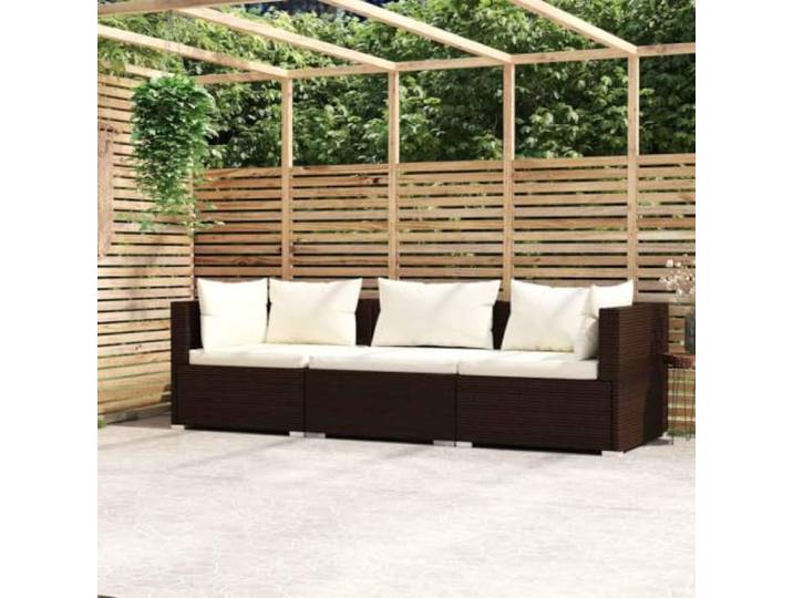 Résine tressée imperméable cadre acier Usage intérieur extérieur coussins Canapé 3 places avec coussins Marron Résine tressée Salon de jardin Modulaire Ensemble terrasse exterieur