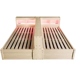 OKWISH Multifunktionsbett aus Holz in Naturfarbe, 90/180 x 200 cm, mit LED-Lichtleiste, Steckdosen und Stauraum