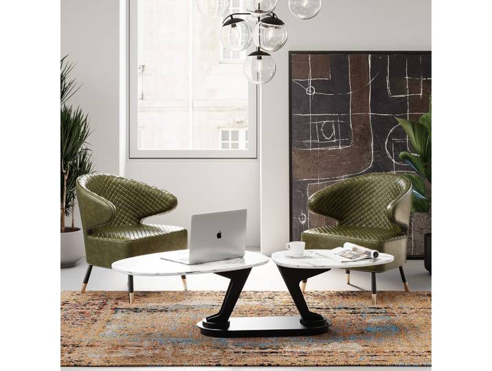 Table basse pivotante en verre effet marbre blanc et acier