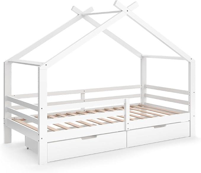 Hausbett Luni, Weiß, 200 x 90 cm | mit zwei ausziehbaren Aufbewahrungskästen, wie ein kleines Zuhause - für eine warme Atmosphäre