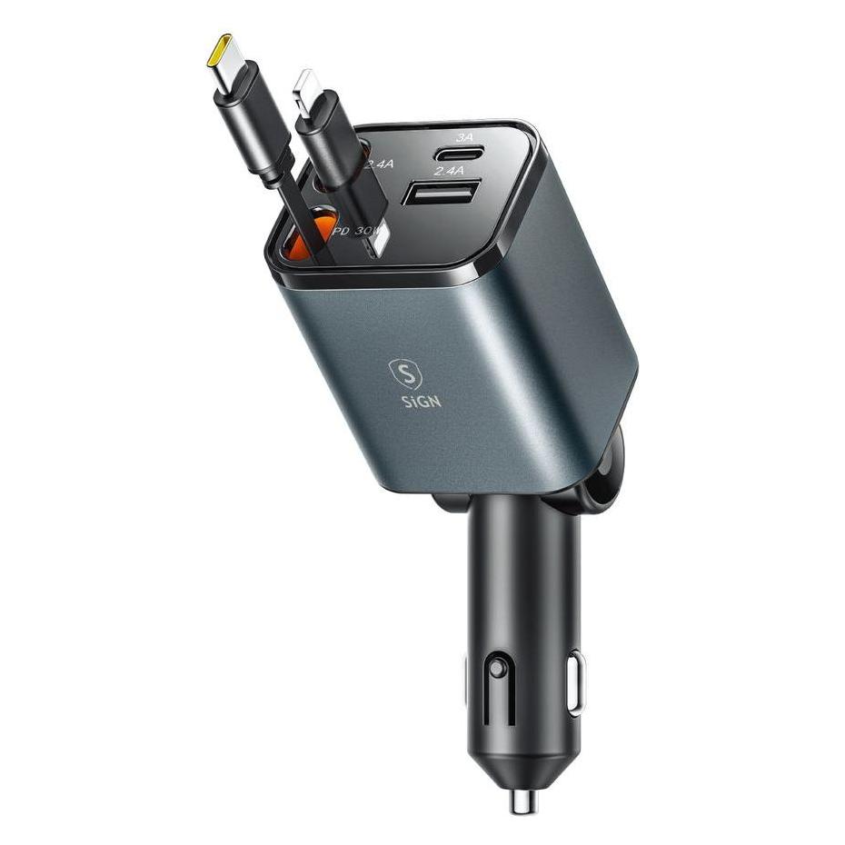 SIGN 4-in-1 car charger 30W with retractable USB-C/Lightning cables (SN-CCL05)
