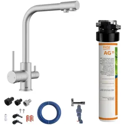 BieTal® Untertisch Wasserfilter Aktivkohle 3-Wege Hahn Edelstahl Look Wasserstop