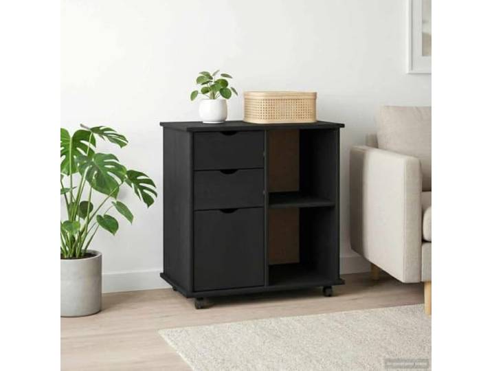 Rollschrank Massivholz Kiefer Schwarz 63,5 x 39 x 65,5 cm Mobiler Schrank Minimalistisches Design, mattes Finish, stabile Rollen, pflegeleichte Oberfläche, vielseitig einsetzbar