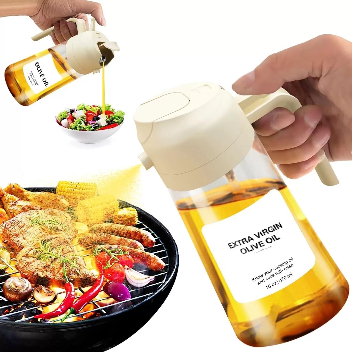 INF Verdickte Glas Öl Sprühflasche - 2-in-1 Sprühen & Gießen, Lichtbeständig Weiß
