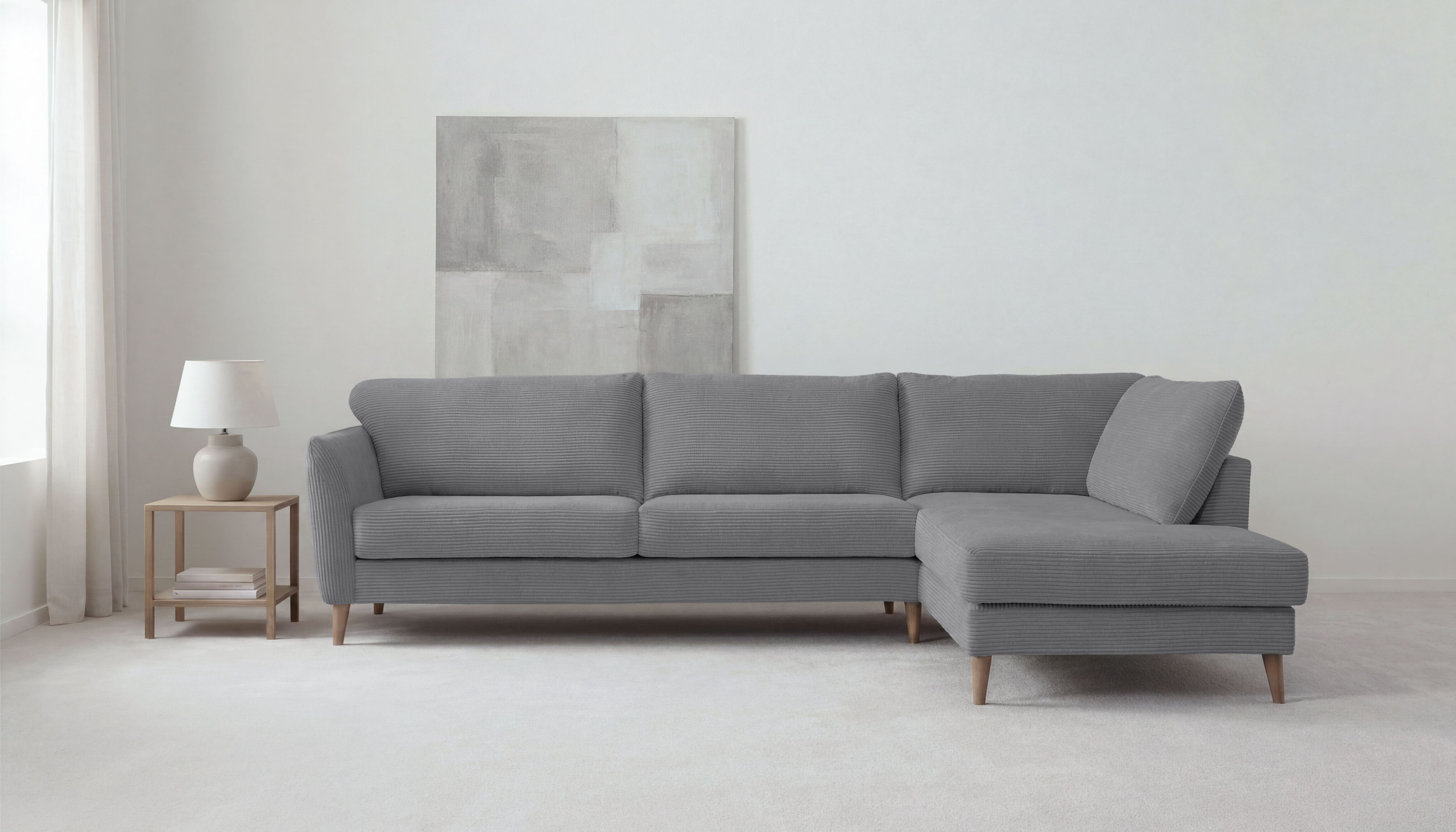 Ecksofa GOODPRODUCT "MARSEILLE 278/202 cm, L-Form, Ottom. rechts/links, verschiedene Bezüge", grau (dunkelgrau), B:278cm H:88cm T:202cm, 100% Polyester, Sofas, Ecksofa, Massivholzbeine Eiche, Landhausstil, Wellenunterfederung dunkelgrau B/H/T: 278cm x 88c