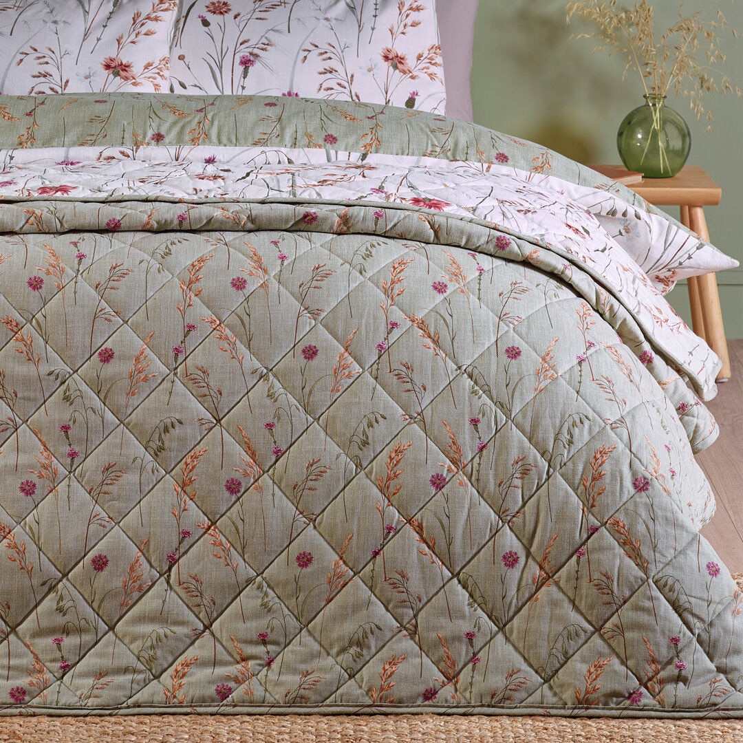 Catherine Lansfield Brushed Grasmere Floral Cotton Reversible Quilted Bedspread Green