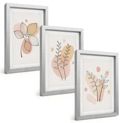 BILDER SET 3er Set - 20x30 cm Silberner Rahmen - Pastellfarbene Pflanzenzeichnungen