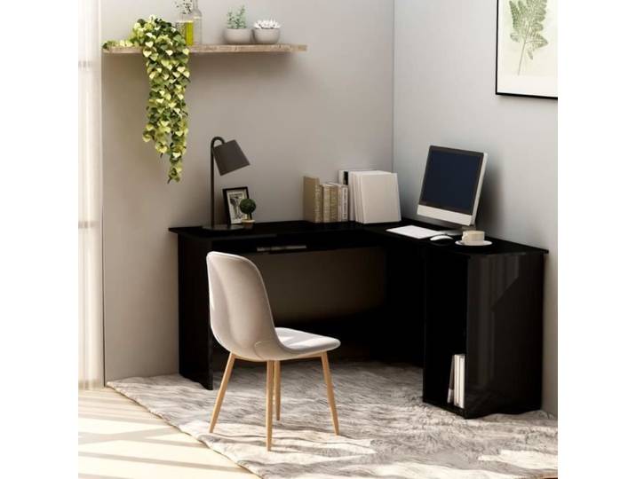 Bureau d'angle - LIA - Noir brillant - Plateau coulissant - 2 étagères ouvertes - Design contemporain