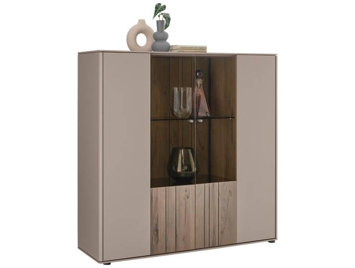 Johann Jakob Highboard, Buche, Sand, Holz, Glas, Altholz, Buche,Altholz, Buche, massiv, 6 Fächer, 120x119x41 cm, Goldenes M, Beimöbel erhältlich, Holzmöbel, Kleinmöbel Holz, Holzkommoden, Highboards Holz