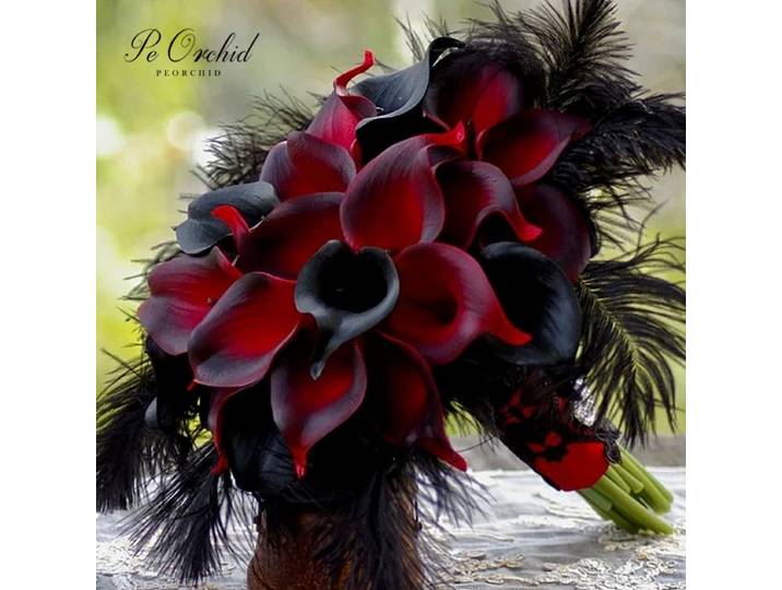 PEORCHID-Bouquet de Plumes de Lys Calla pour Femme, Rouge, Noir, Goth, Toucher Réel, Fleur Bordeaux, Mariage