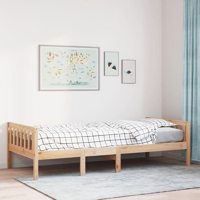 Massives Kiefernholz-Kinderbettgestell mit Lattenrost, 90x190 cm | Verfügt über ein unbehandeltes, rustikales Holzdesign mit einer maximalen Tragfähigkeit von 220 Pfund für die Sicherheit des Kindes.