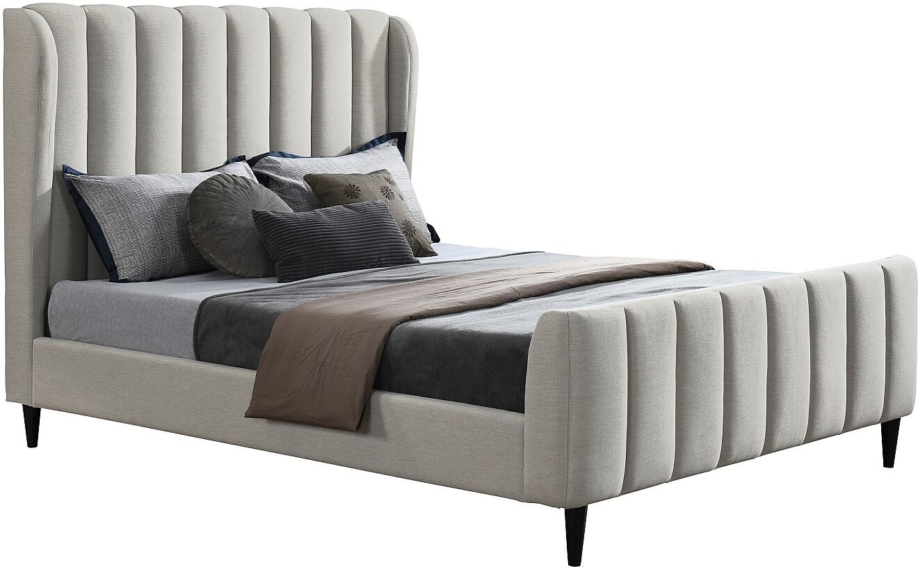 Vente-unique Bett - 160 x 200 cm - Stoff mit vertikalen Ziernähten - Hellgrau - CASAGOTI