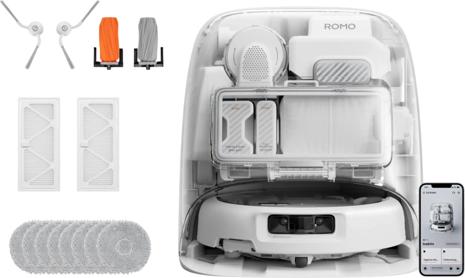 DJI ROMO P2 Clean More Combo Staubsauger Roboter mit Absaug und Reinigungsstation (Water Tank Version) (GL1) 36.000 Pa weiß