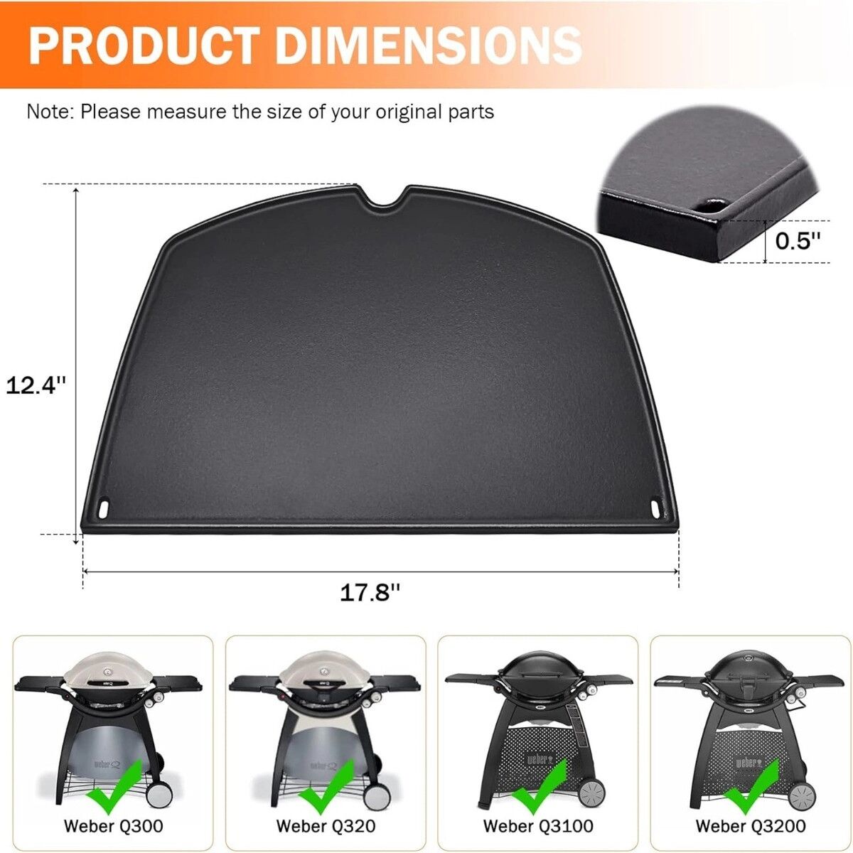 INF Plaque en fonte émaillée 452x315x12.7mm - Compatible avec Weber Q Series et certains grils à gaz