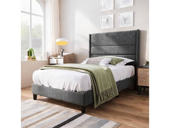 Lit une place plateforme moderne en lin slate gray 90x200 cm avec tête de lit rembourrée et lattes - Dark Gray Linen Ref 73PDII