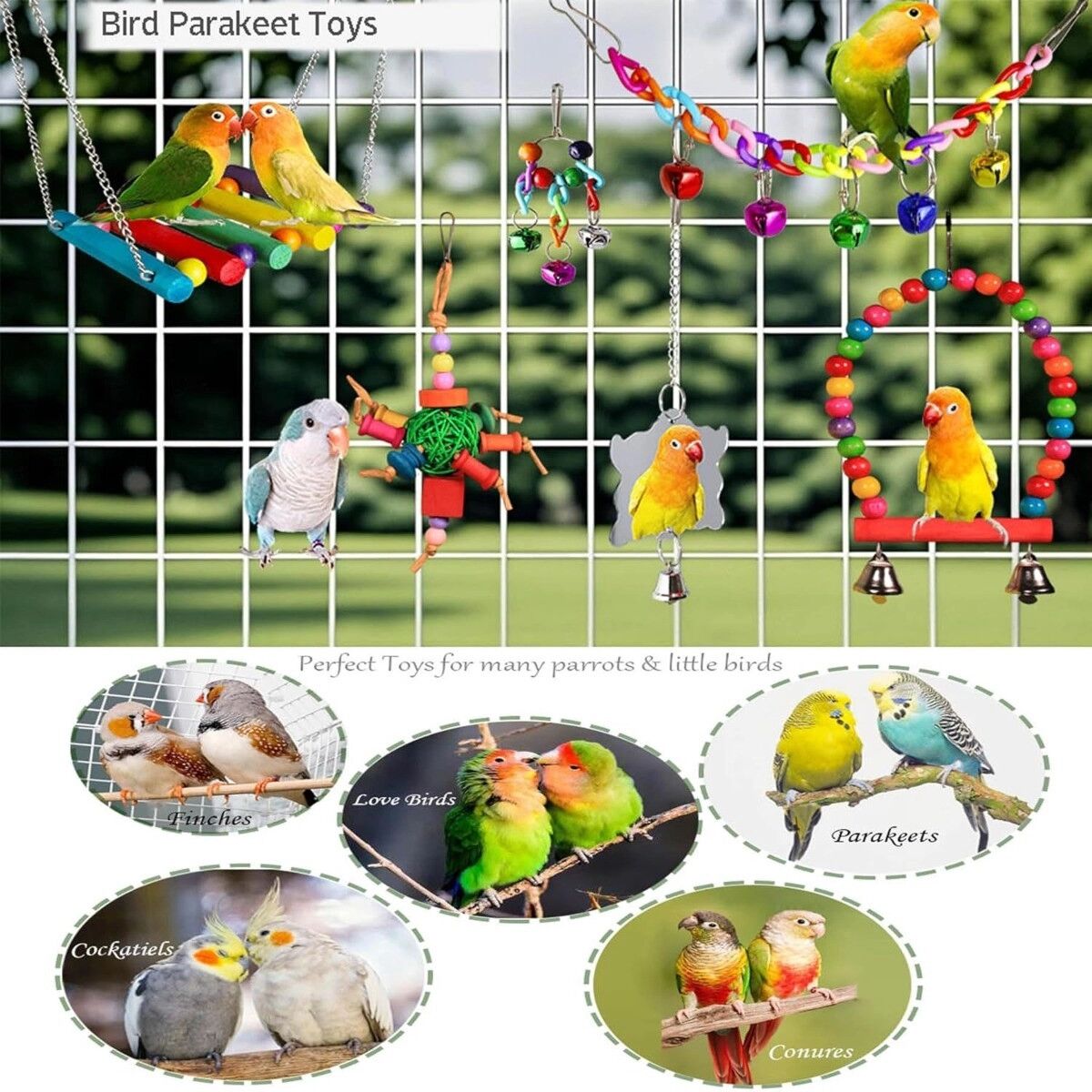 INF Ensemble de jouets pour oiseaux 15 pièces - bois de pin et métal pour cage avec balançoire, échelle et accessoires à ronger