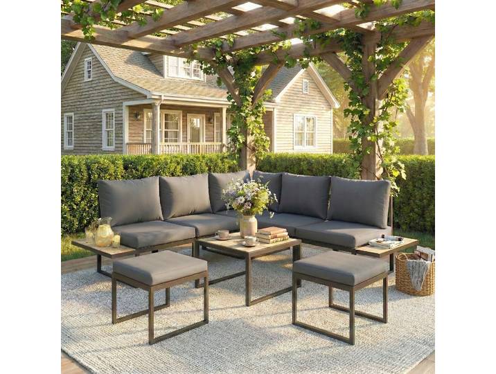 Outsunny Salon Jardin 6 Pers Modulable Bois Coussins 10cm Gris