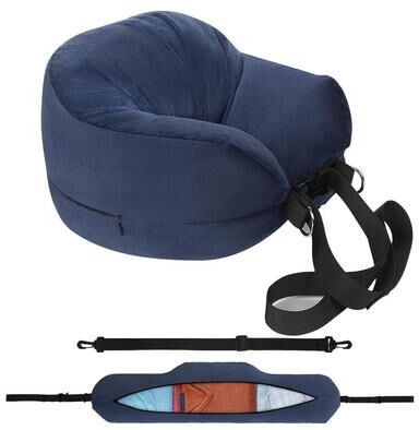 Inspire Essentials Travel Neck Pillow Fillable U Shaped Travel Pillow With Storage navy Blue 1