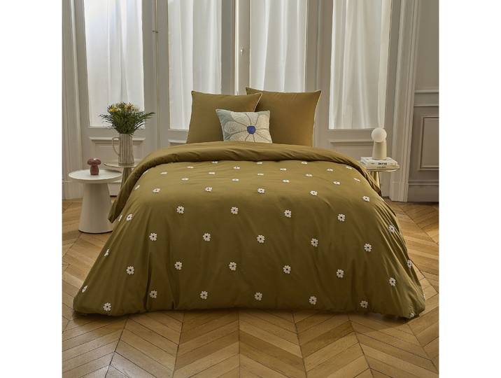 HABITAT - Parure de lit en percale de coton bio - 260 x 240 cm + 2 x 65 x 65 cm - Bronze - Design by Floriane Jacques - Dahlia