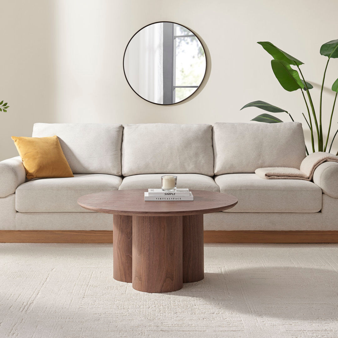 Ivy Bronx Delshawn Pebble Shaped Pillar Legged Round Veneer Wood Coffee Table - Luxury Scandi Style Walnut 45cm H X 90cm W X 90cm D