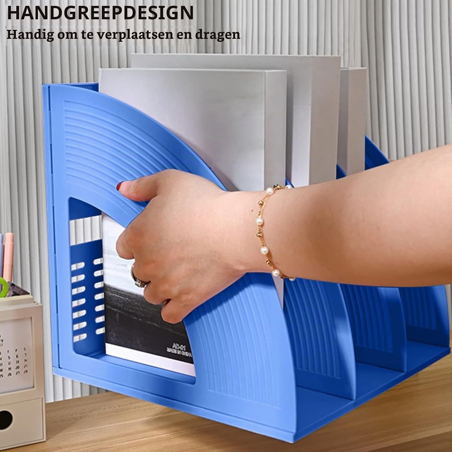 Stabiele Desk File Organizer met Drie Compartimenten voor Tijdschriften en Documenten - Blauwe Plastic Opbergbox voor Bureau en Kantoor