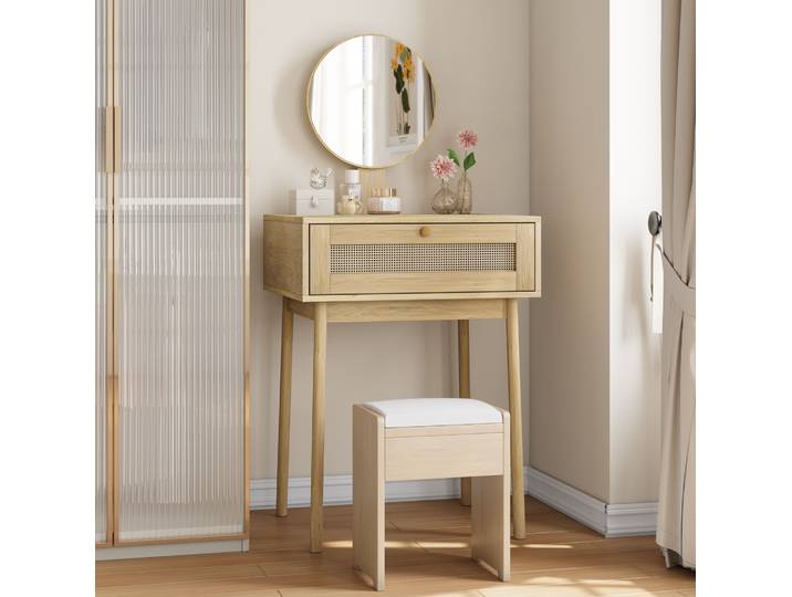 Coiffeuse Avec Miroir Rond\, Tiroirs De Rangement\, Bureau Compact Pour Chambre\, Bohème\, Bois Chêne