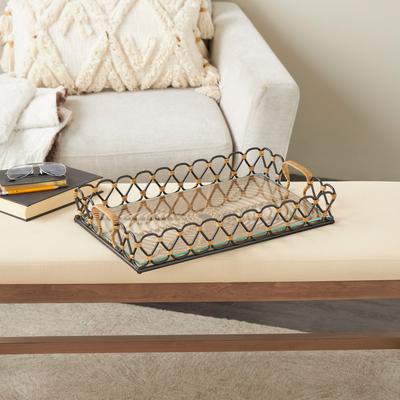 ARCILLA ELEMENTAL Black Metal Circular Woven Tray with Glass Base
