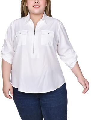 NY COLLECTION 3/4 Roll Tab Sleeve Zip Front Top