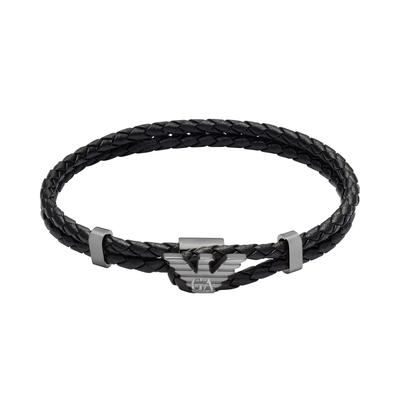 Lederarmband EMPORIO ARMANI "Schmuck Geschenk Edelstahl, Leder", schwarz (anthrazit, schwarz), Armbänder, Damen, 21cm, Edelstahl Leder, Edelstahl, Leder, Lederarmband