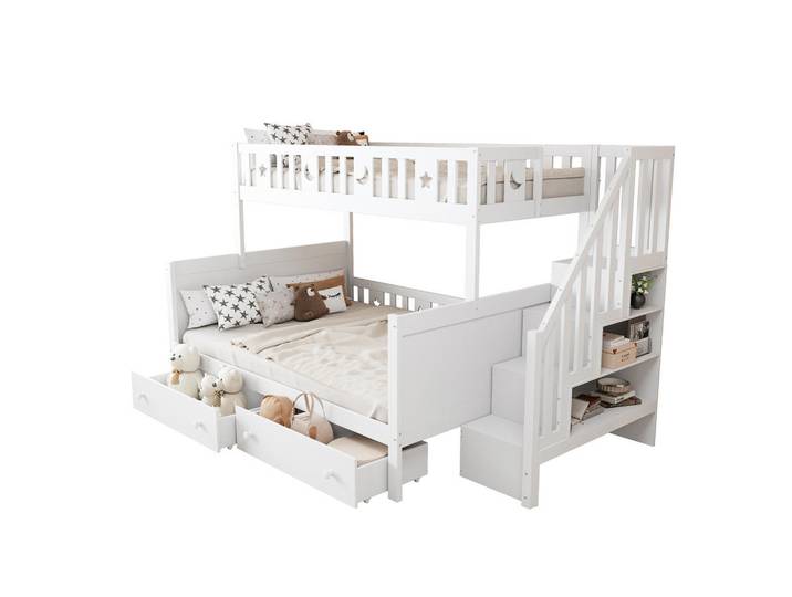 Redom Etagenbett 90/200 & 140/200 cm mit Stauraumtreppe, 2 Schubladen und Lattenrost, Weiß, 90x200 cm, Babymöbel & Kindermöbel, Kinderzimmer & Jugendzimmer, Stockbetten