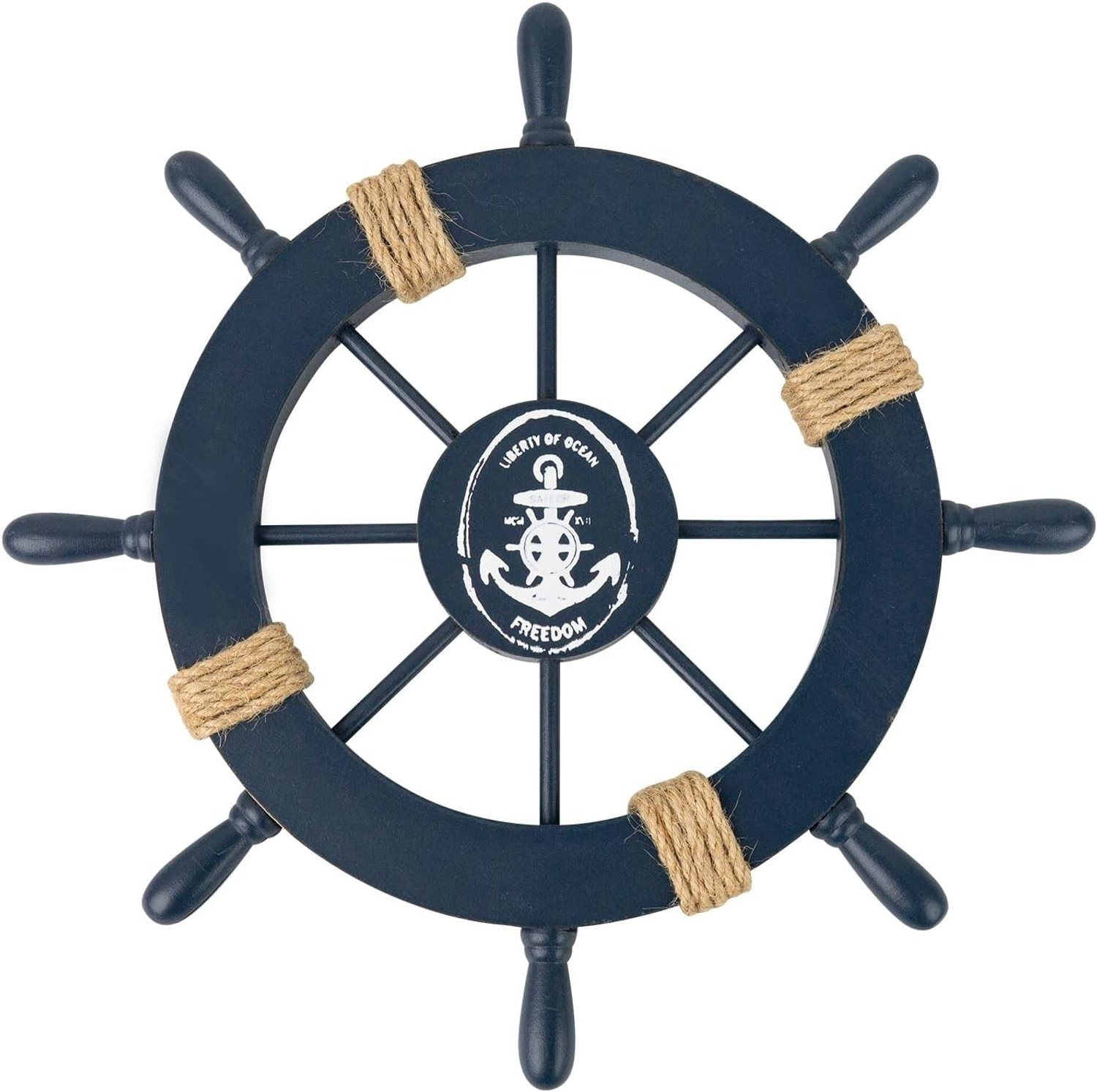 Houten stuurwiel hanger van 28 cm - Donkerblauwe nautische wanddecoratie